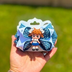 Blue Polka Dot Hair Bow with Doll Accent